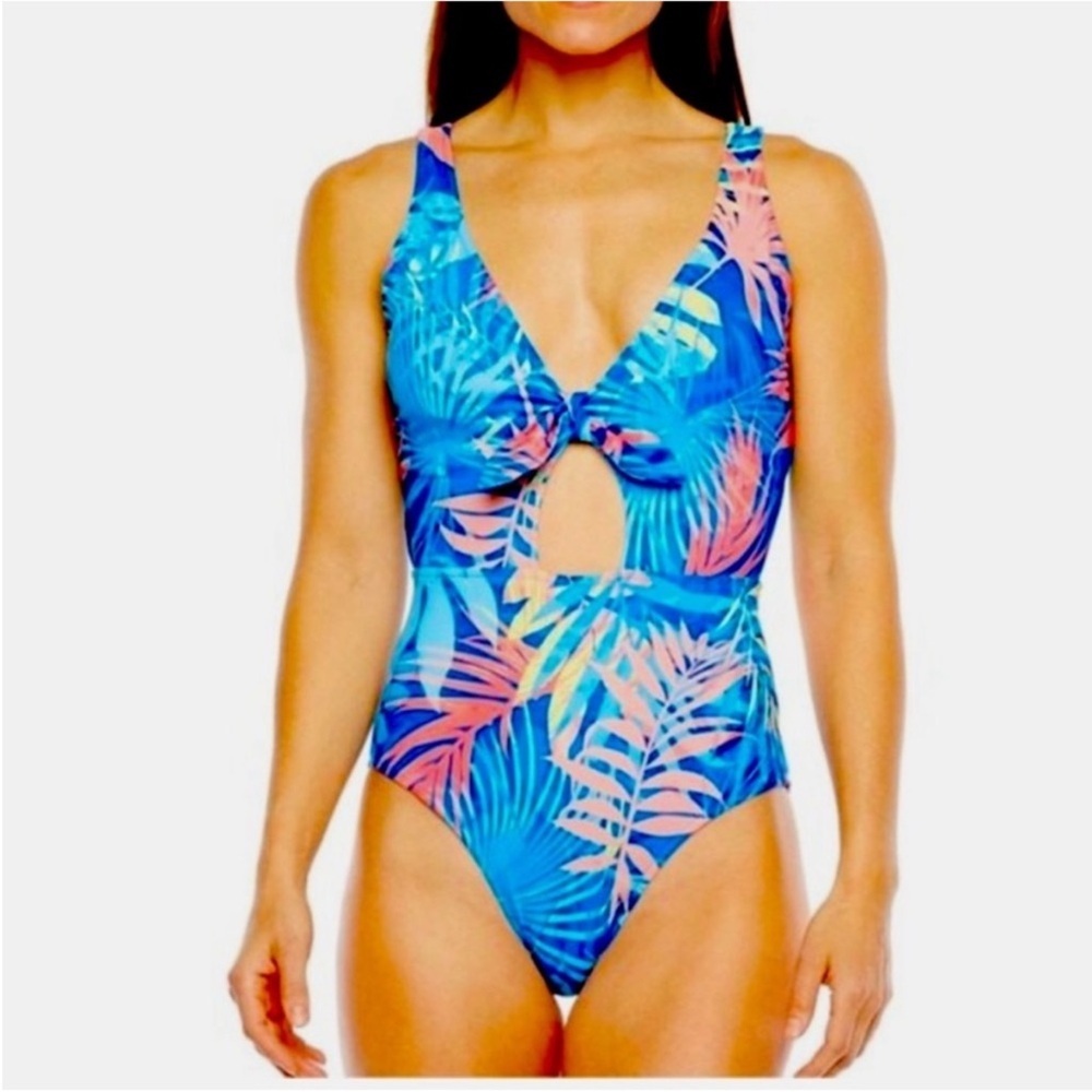Peyton & Parker Blue And Pink Tropical Leaf Print One Piece Swimsuit Size S